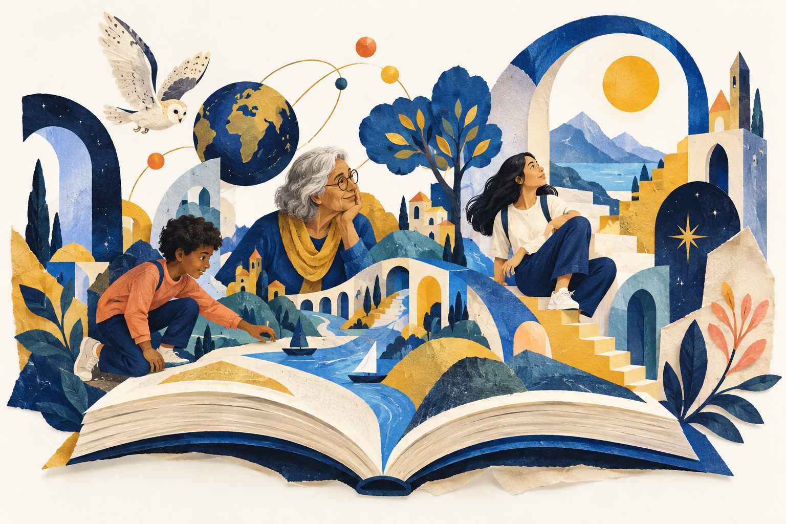 An imaginative illustrated world of books, ideas and learners exploring together